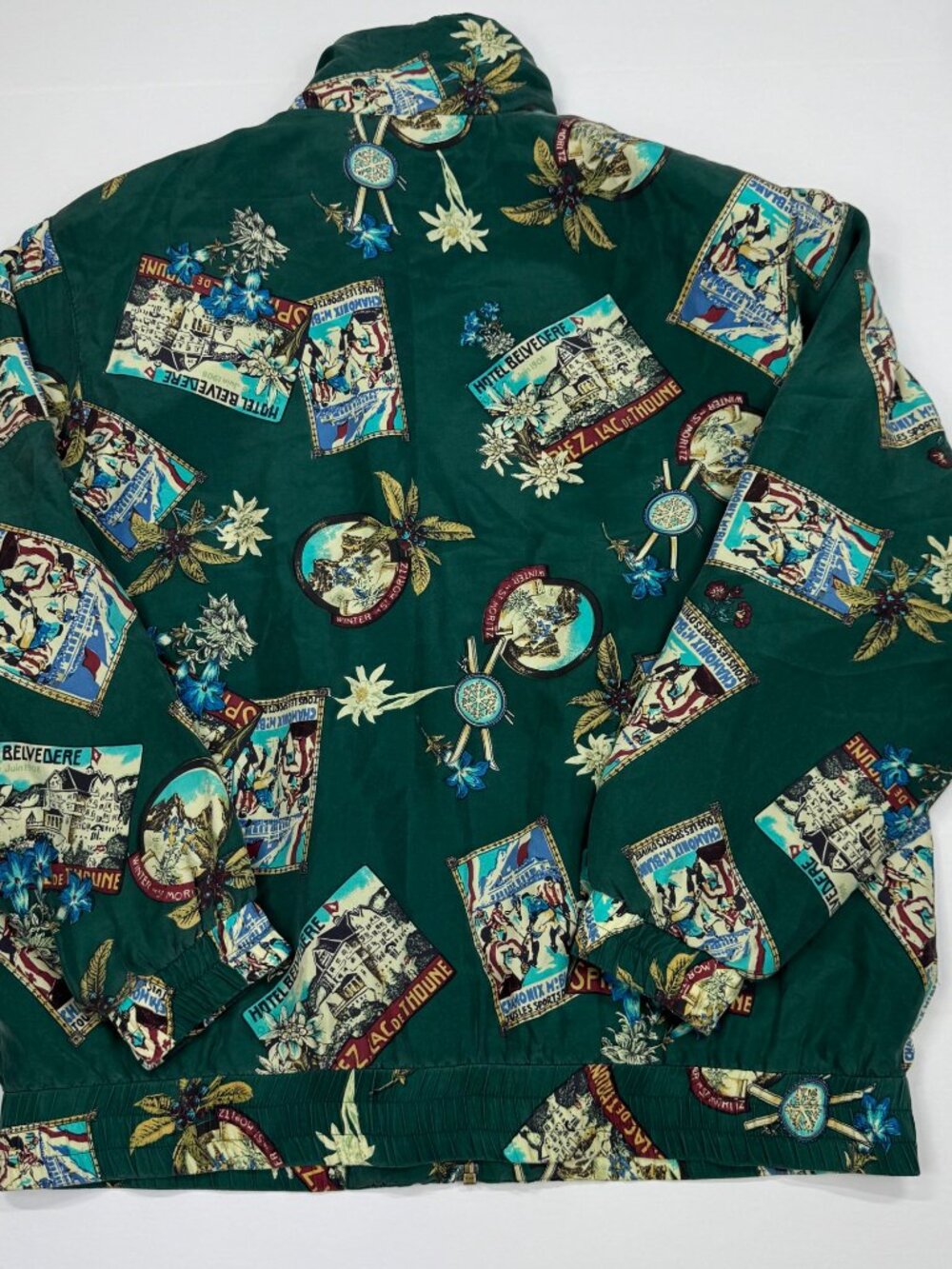 Lavon Womens Silk Bomber Jacket Green Size PM Oversized Postcard Motif - Picture 11 of 12